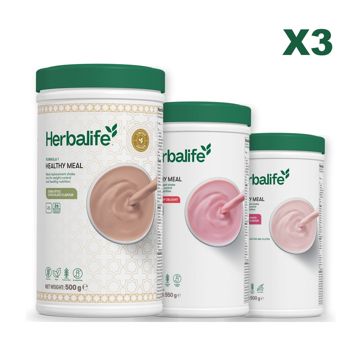 Formula 1 Dubai Style Chocolate meal shake tub shown with two further Formula 1 tubs, Strawberry / Free From Raspberry & White Chocolate