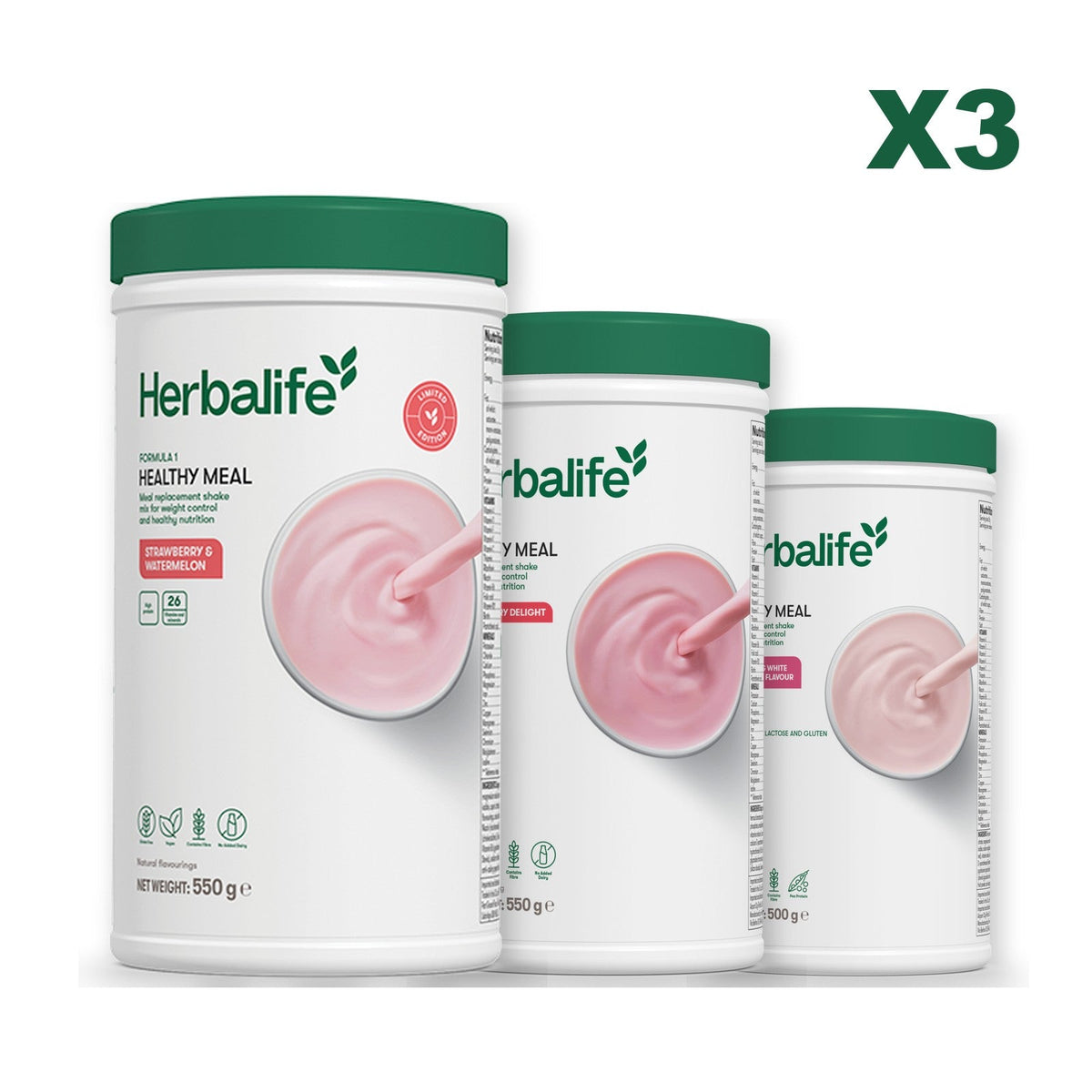 Formula 1 Strawberry Watermelon meal shake tub shown with two further Formula 1 tubs, Strawberry / Free From Raspberry & White Chocolate