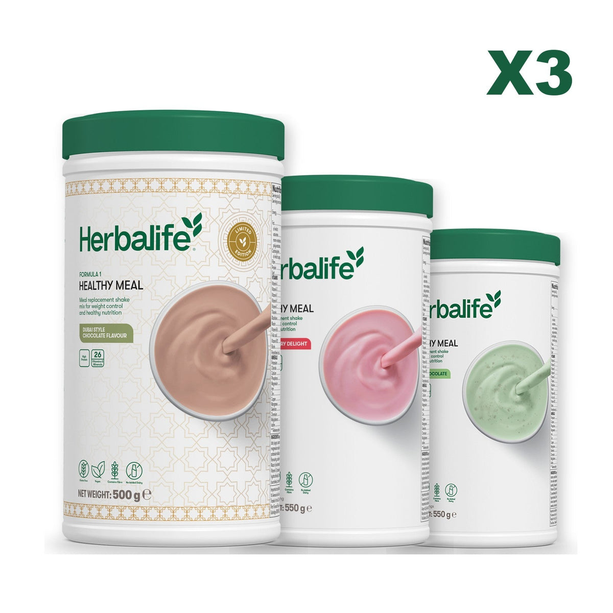 Formula 1 Dubai Style Chocolate meal shake tub shown with two further Formula 1 tubs, Strawberry / Mint Chocolate