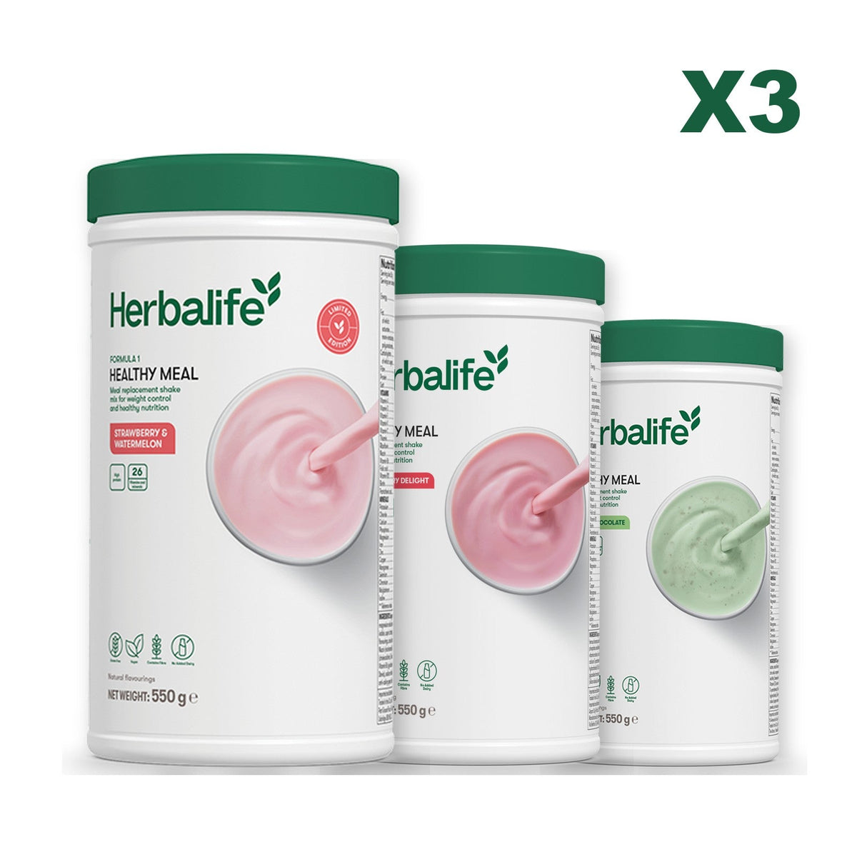 Formula 1 Strawberry Watermelon meal shake tub shown with two further Formula 1 tubs, Strawberry / Mint Chocolate