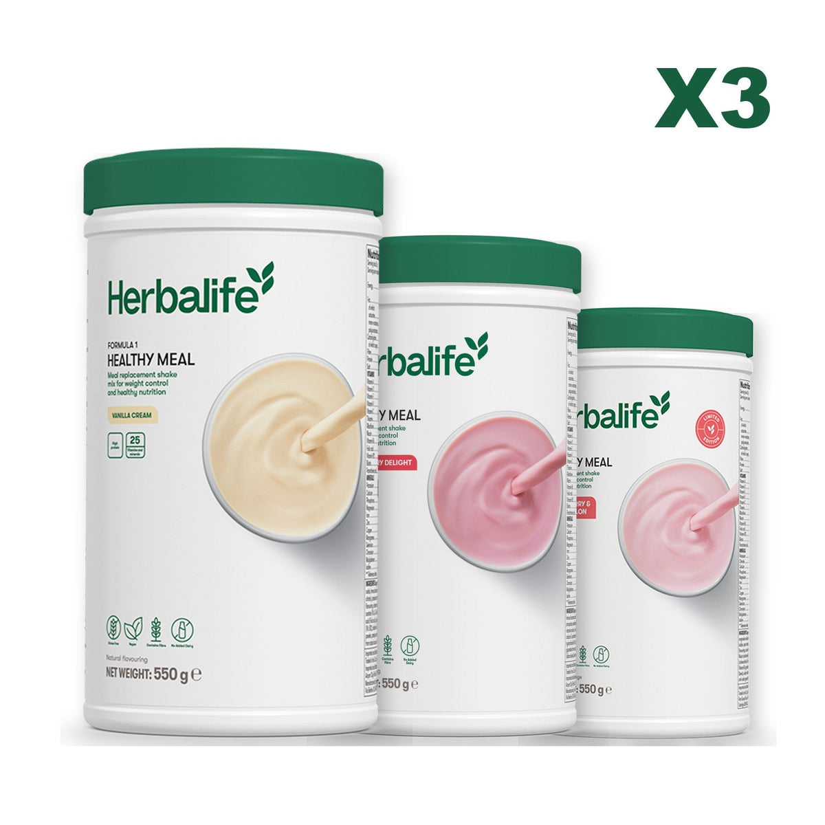 Three Formula 1 shake tubs led by Vanilla Cream, plus two flavours you choose, Strawberry / Strawberry Watermelon