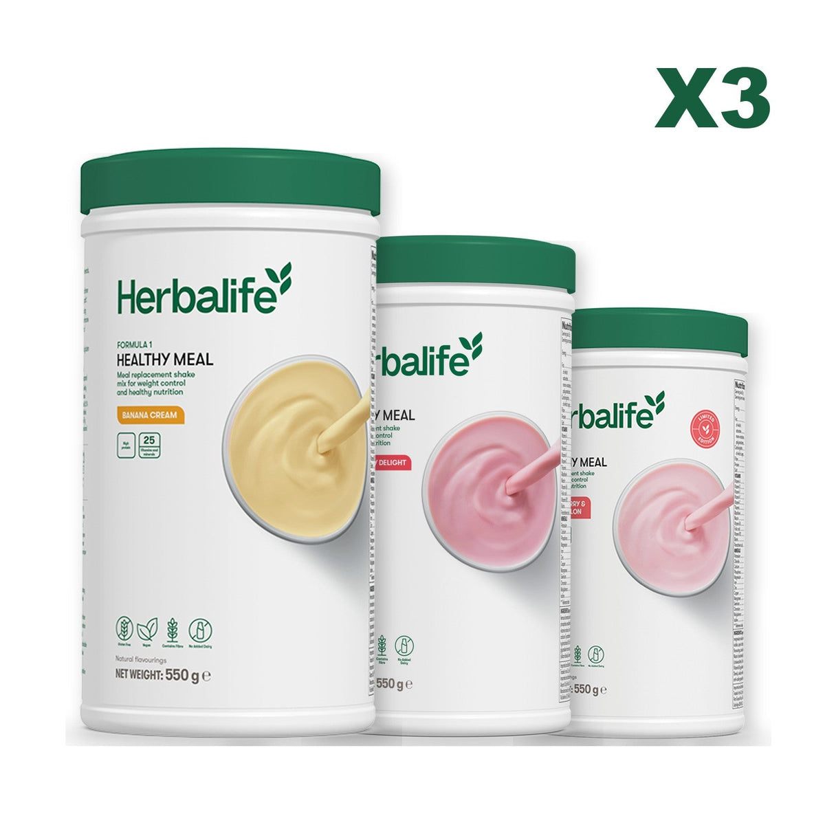 Three Formula 1 shake tubs led by Banana Cream, plus two flavours you choose, Strawberry / Strawberry Watermelon