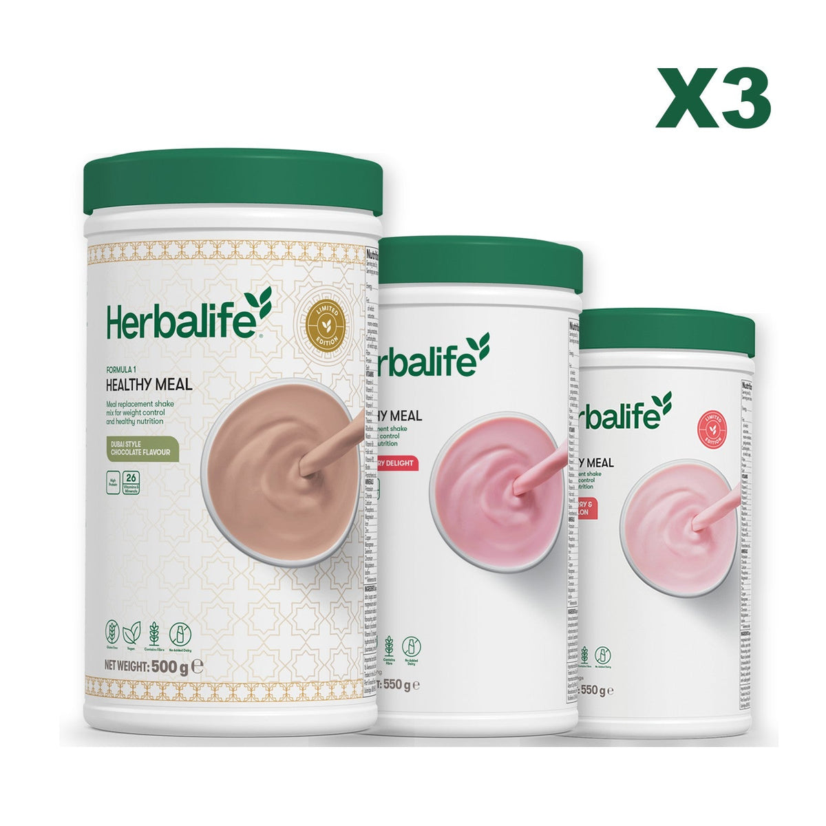 Formula 1 Dubai Style Chocolate meal shake tub shown with two further Formula 1 tubs, Strawberry / Strawberry Watermelon