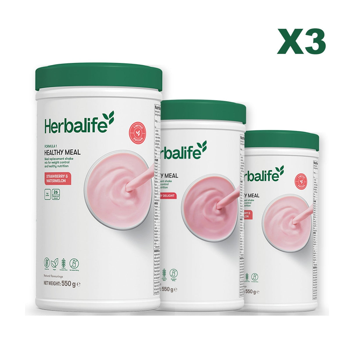 Formula 1 Strawberry Watermelon meal shake tub shown with two further Formula 1 tubs, Strawberry / Strawberry Watermelon