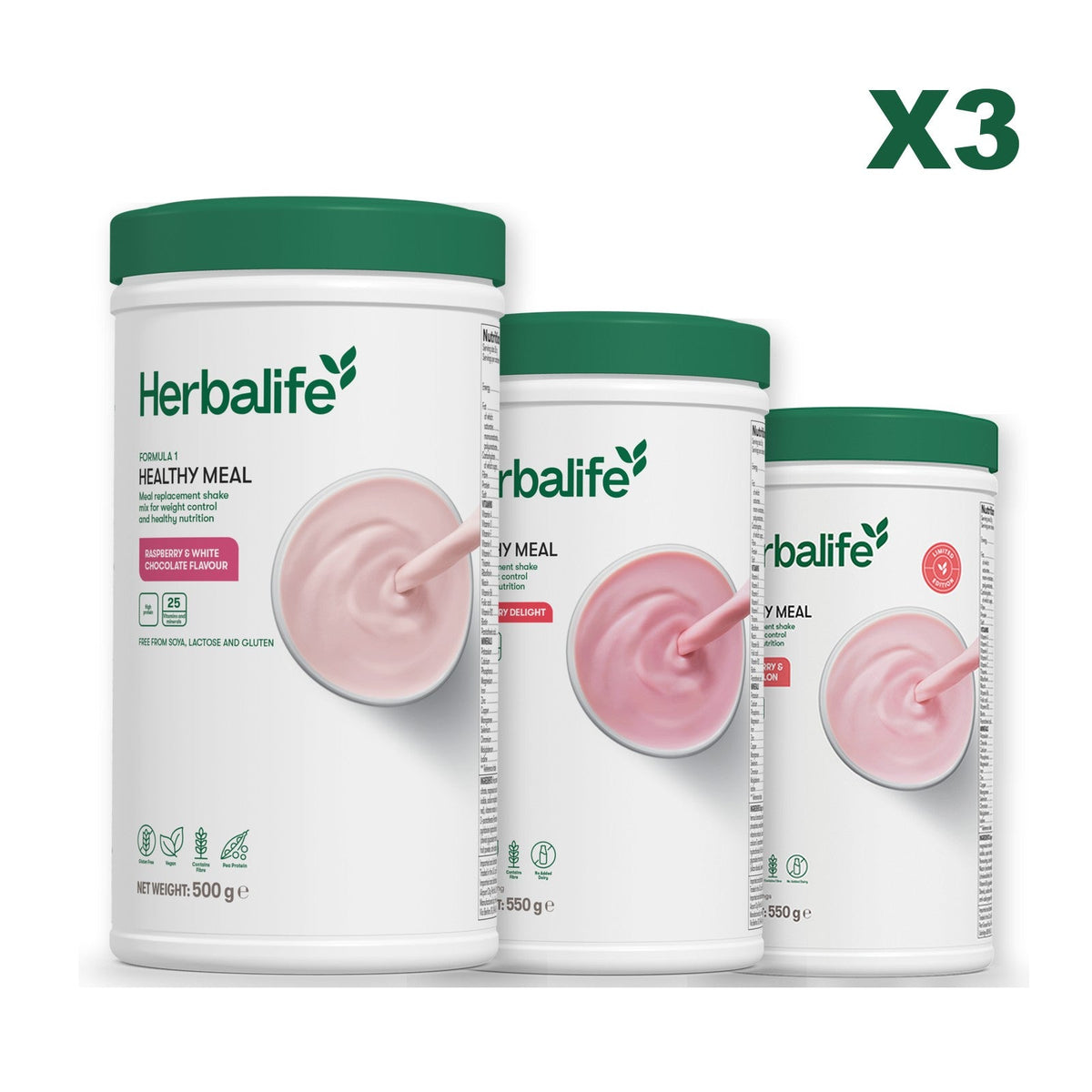 Three Formula 1 shake tubs led by Free From Raspberry and White Chocolate, plus two flavours you choose, Strawberry / Strawberry Watermelon