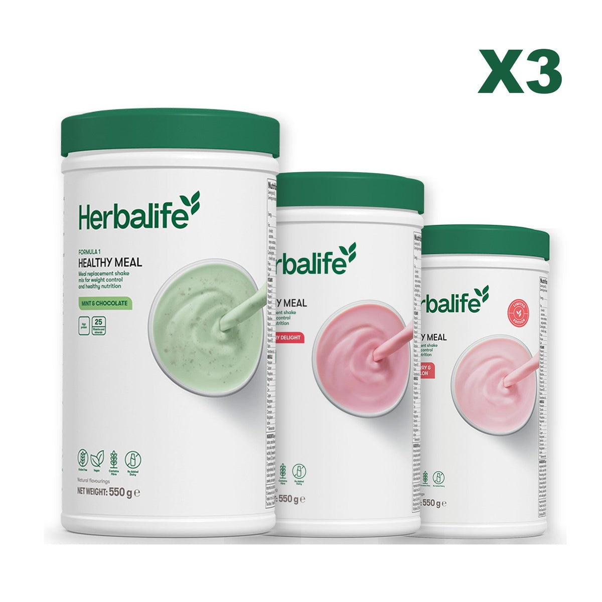Three Formula 1 shake tubs led by Mint Chocolate, plus two flavours you choose, Strawberry / Strawberry Watermelon