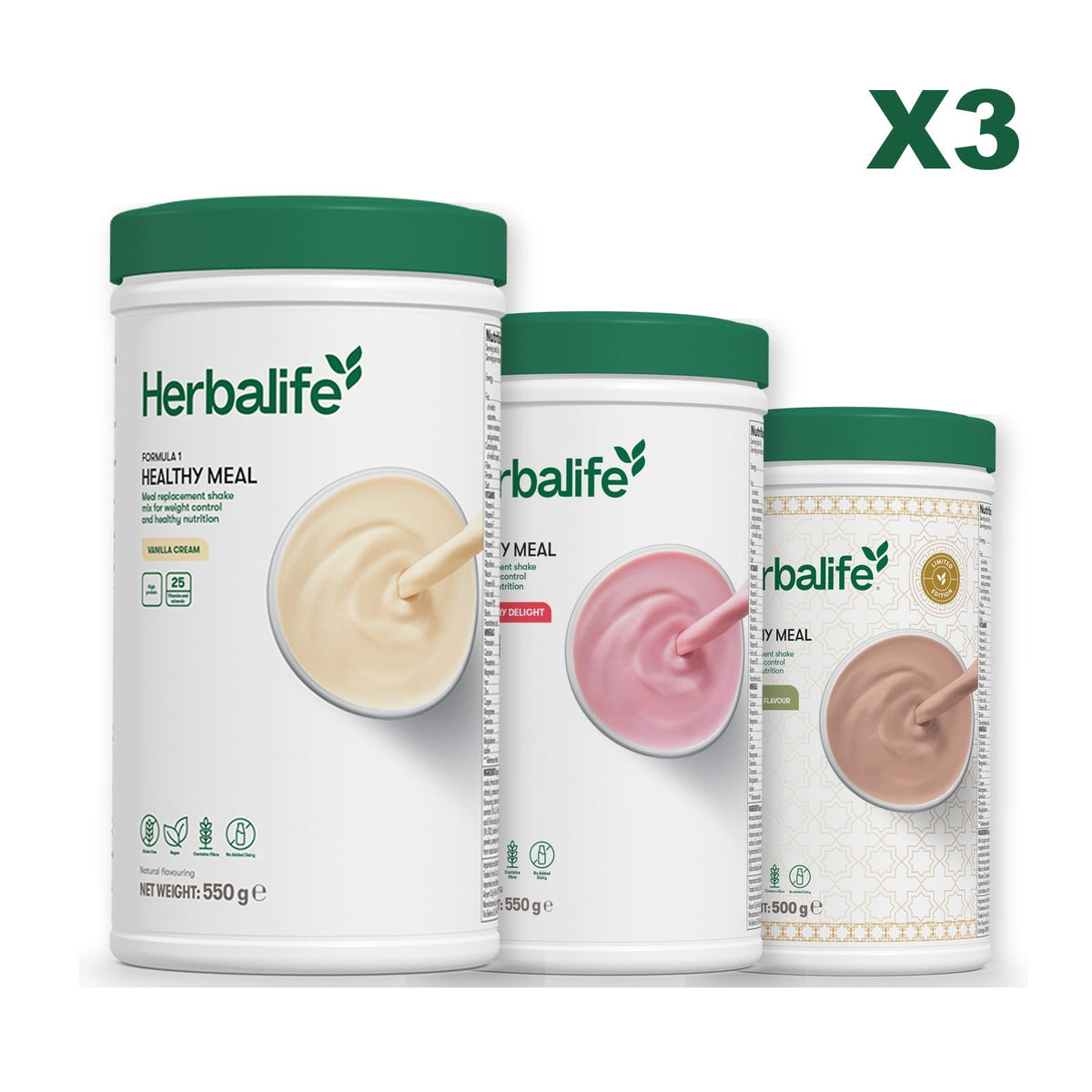 Three Formula 1 shake tubs led by Vanilla Cream, plus two flavours you choose, Strawberry / Dubai Style Chocolate