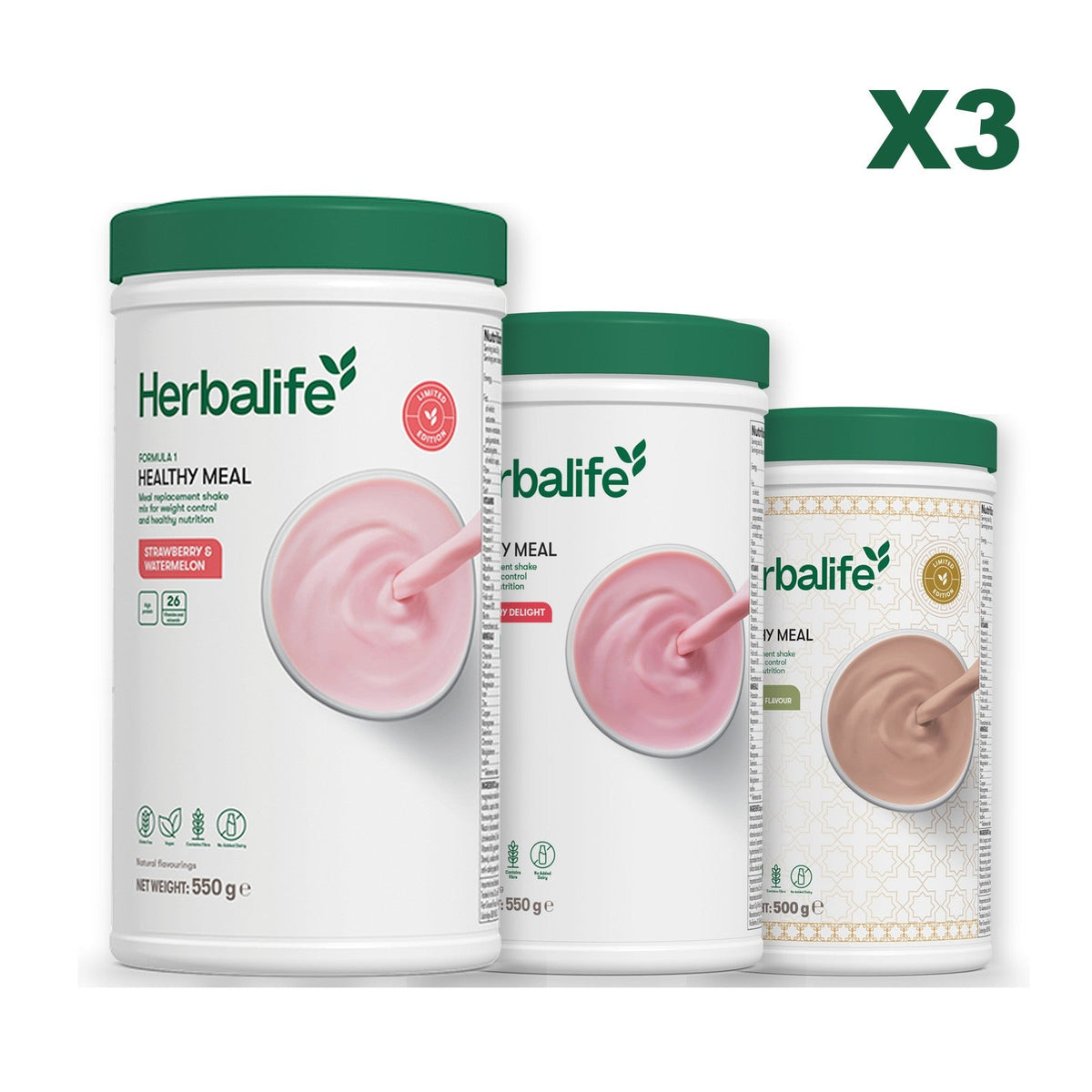 Formula 1 Strawberry Watermelon meal shake tub shown with two further Formula 1 tubs, Strawberry / Dubai Style Chocolate