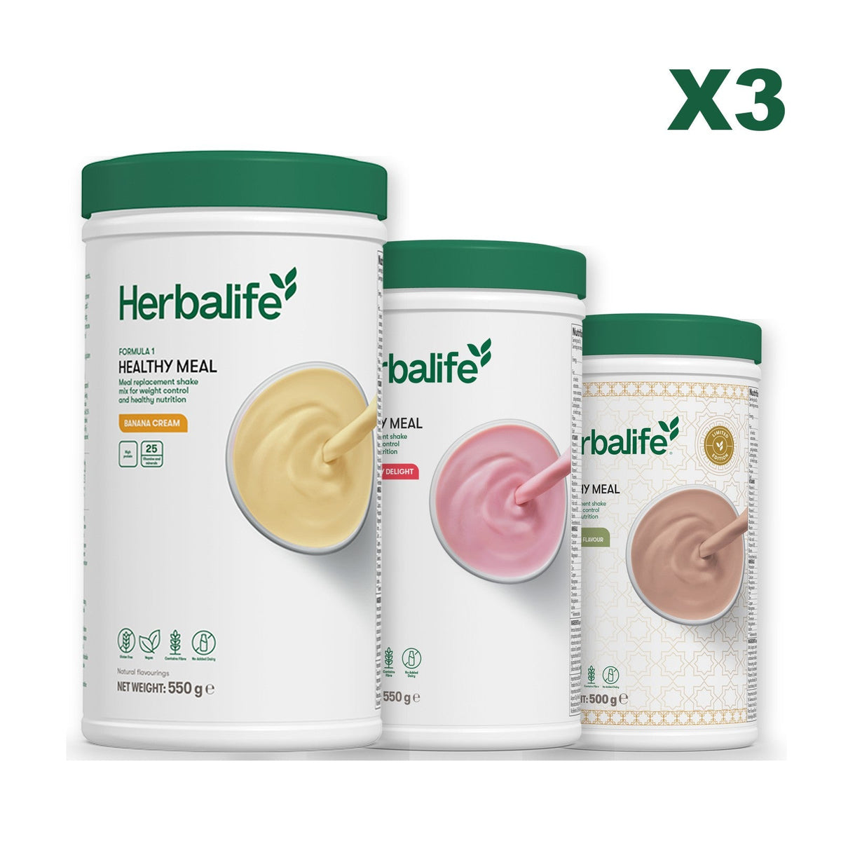 Three Formula 1 shake tubs led by Banana Cream, plus two flavours you choose, Strawberry / Dubai Style Chocolate