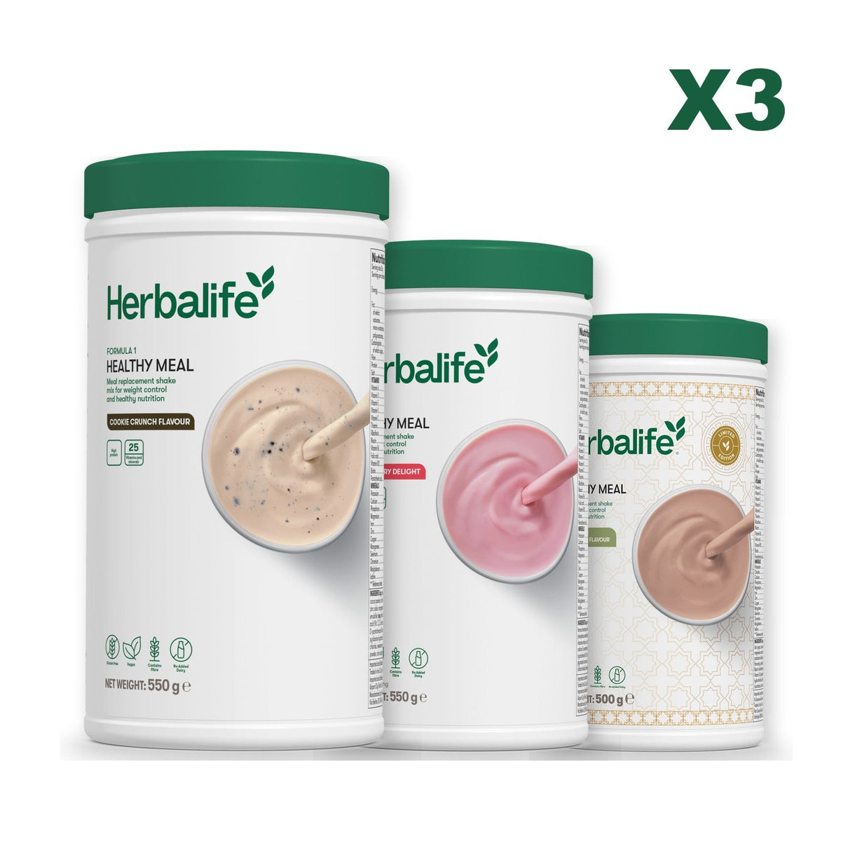 Three Formula 1 shake tubs led by Cookie Crunch, plus two flavours you choose, Strawberry / Dubai Style Chocolate