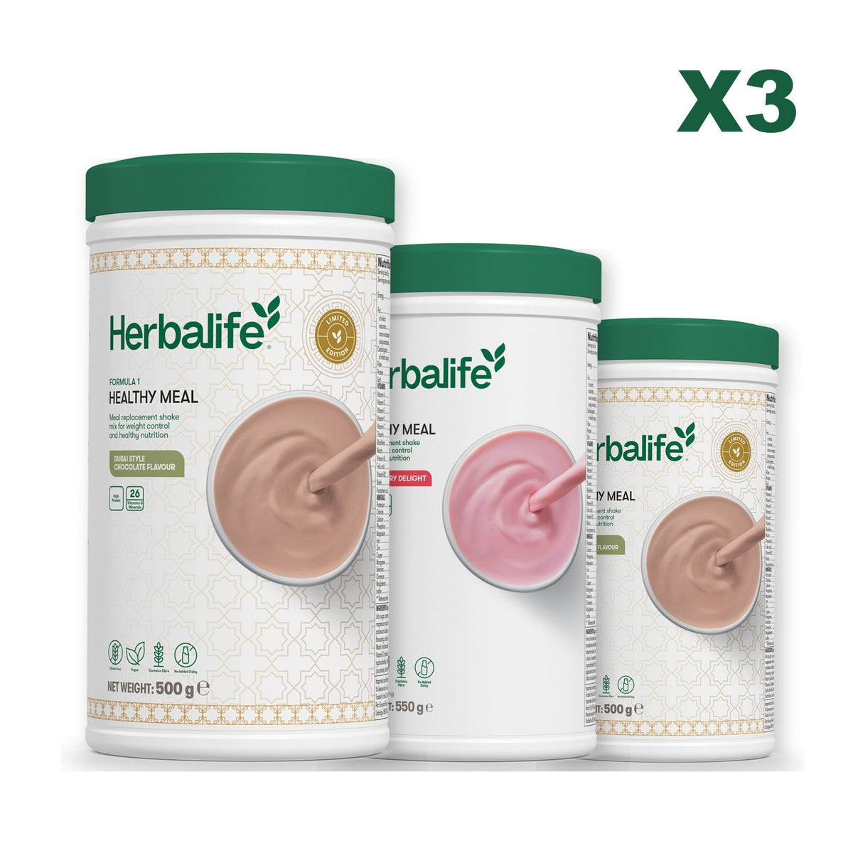 Formula 1 Dubai Style Chocolate meal shake tub shown with two further Formula 1 tubs, Strawberry / Dubai Style Chocolate