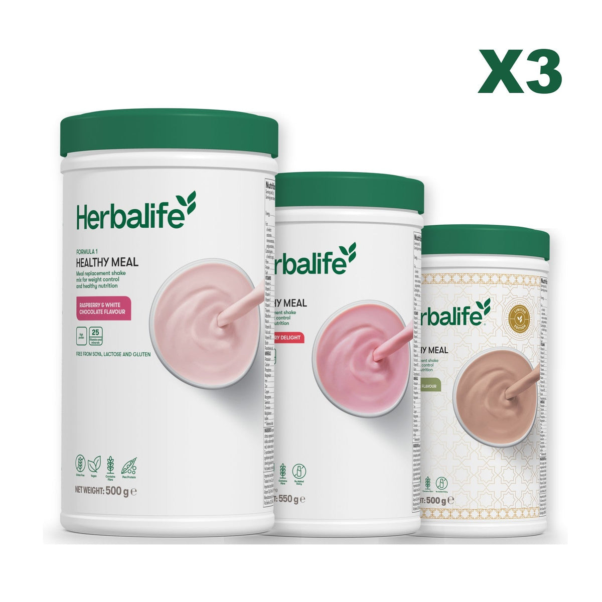 Three Formula 1 shake tubs led by Free From Raspberry and White Chocolate, plus two flavours you choose, Strawberry / Dubai Style Chocolate