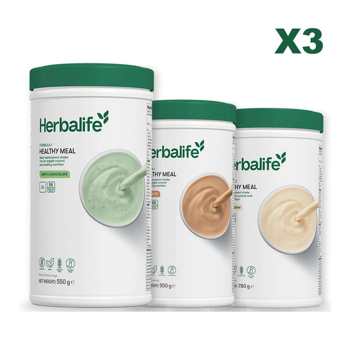 Three Formula 1 shake tubs led by Mint Chocolate, plus two flavours you choose, Cafe Latte / Vanilla (Large 780g)
