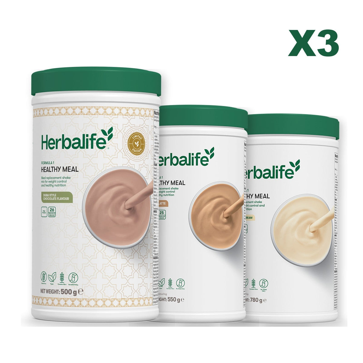 Formula 1 Dubai Style Chocolate meal shake tub shown with two further Formula 1 tubs, Cafe Latte / Vanilla (Large 780g)