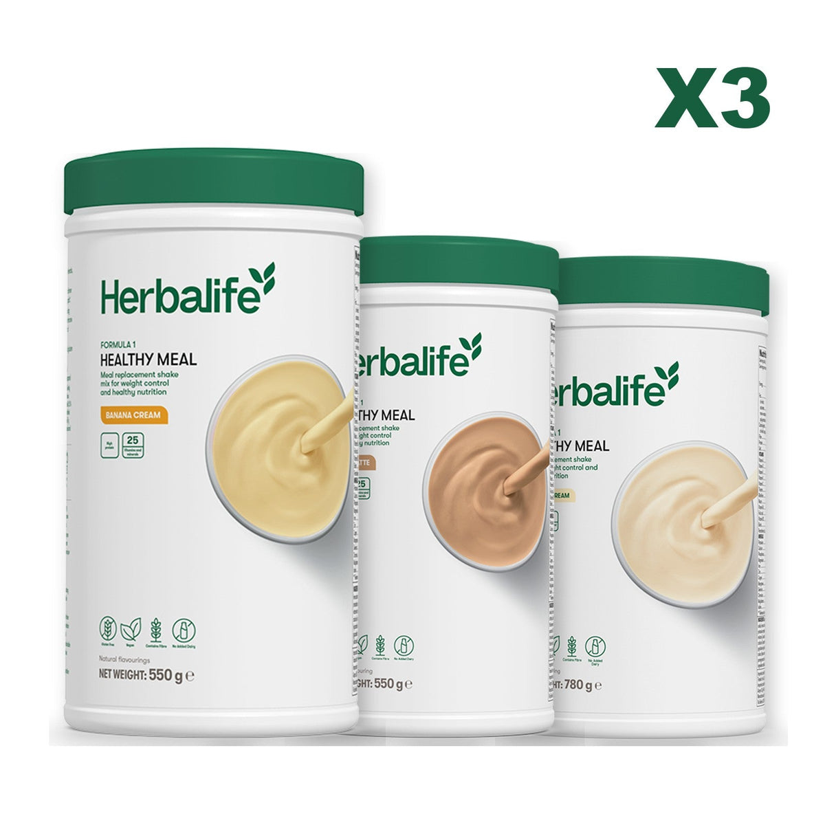 Three Formula 1 shake tubs led by Banana Cream, plus two flavours you choose, Cafe Latte / Vanilla (Large 780g)