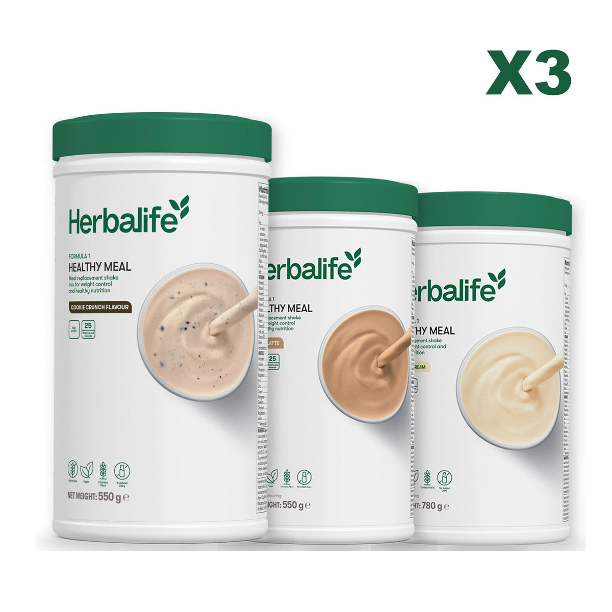 Three Formula 1 shake tubs led by Cookie Crunch, plus two flavours you choose, Cafe Latte / Vanilla (Large 780g)