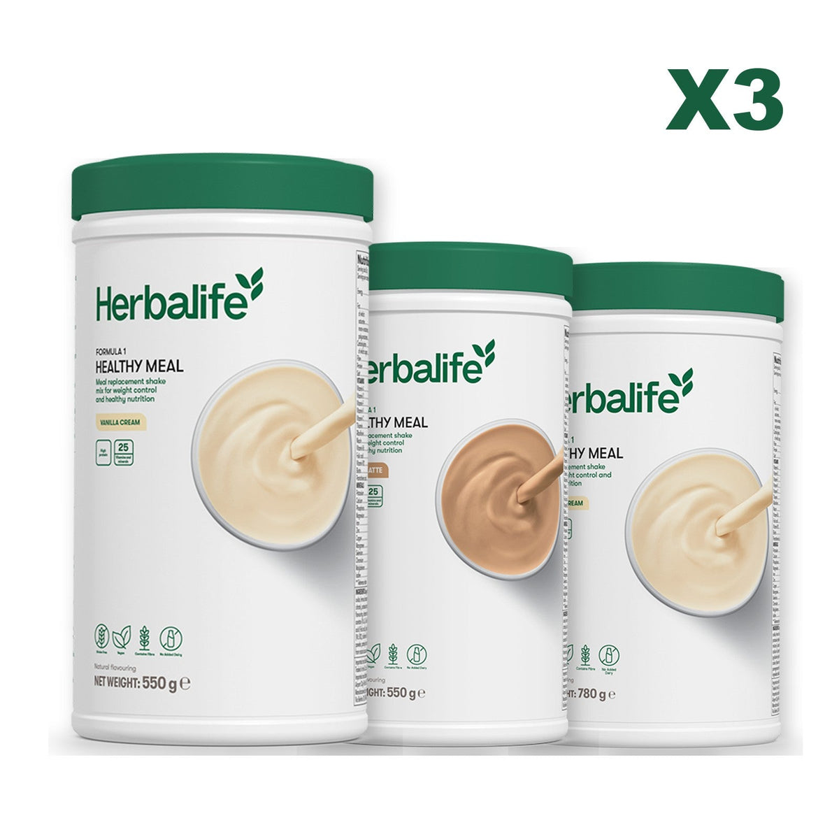 Three Formula 1 shake tubs led by Vanilla Cream, plus two flavours you choose, Cafe Latte / Vanilla (Large 780g)