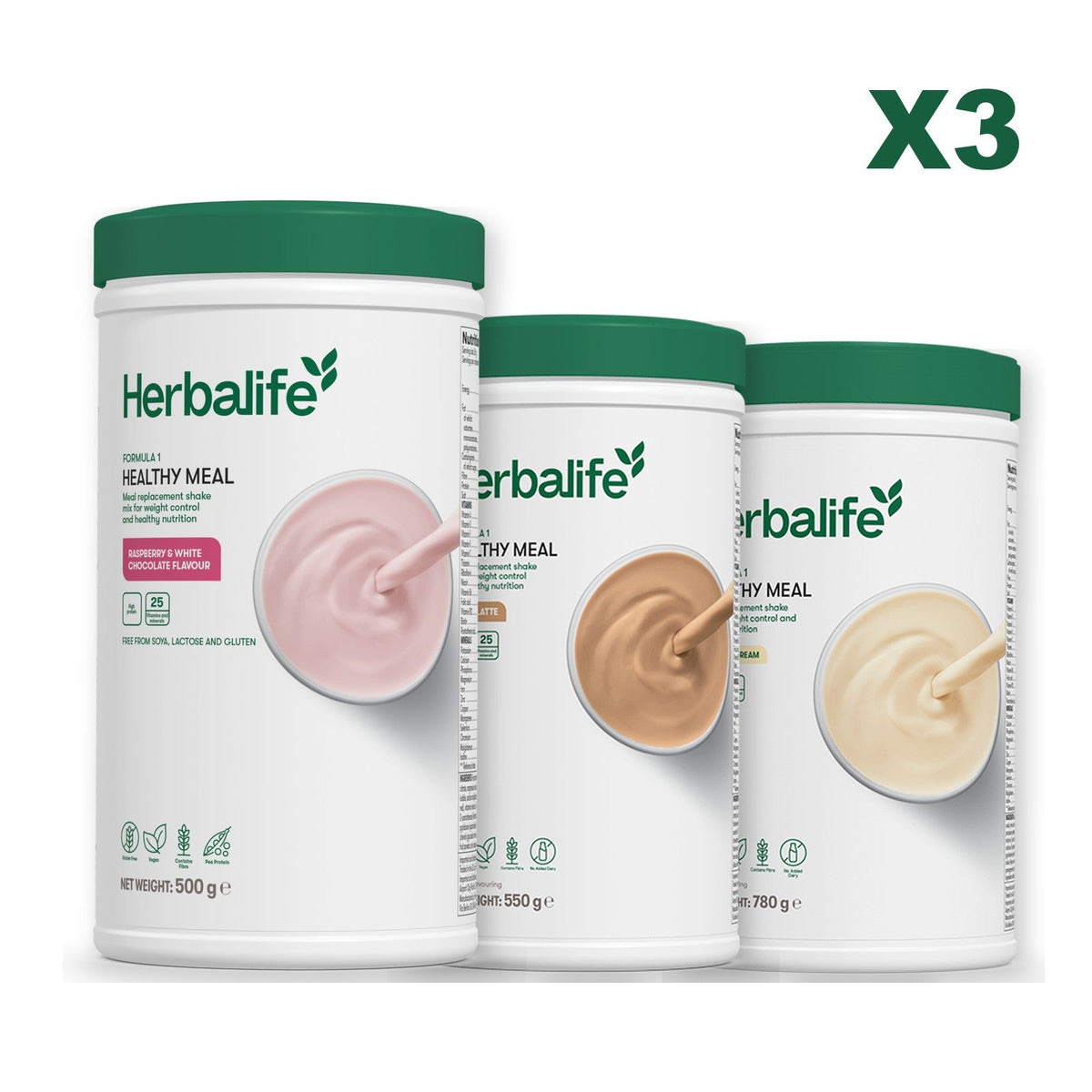 Three Formula 1 shake tubs led by Free From Raspberry and White Chocolate, plus two flavours you choose, Cafe Latte / Vanilla (Large 780g)
