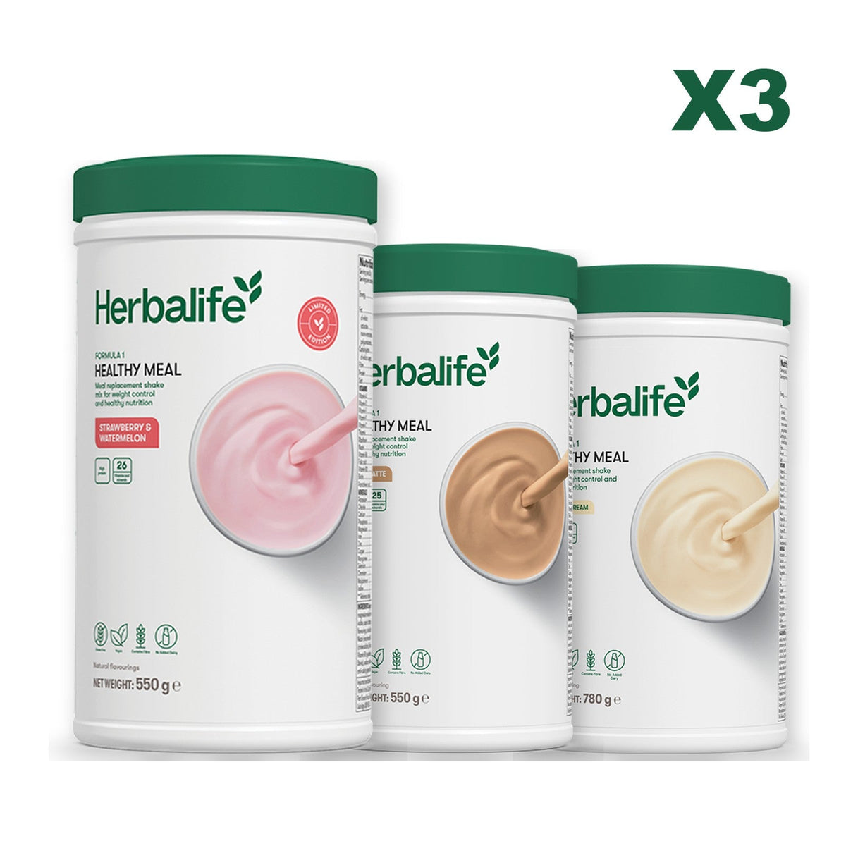 Formula 1 Strawberry Watermelon meal shake tub shown with two further Formula 1 tubs, Cafe Latte / Vanilla (Large 780g)