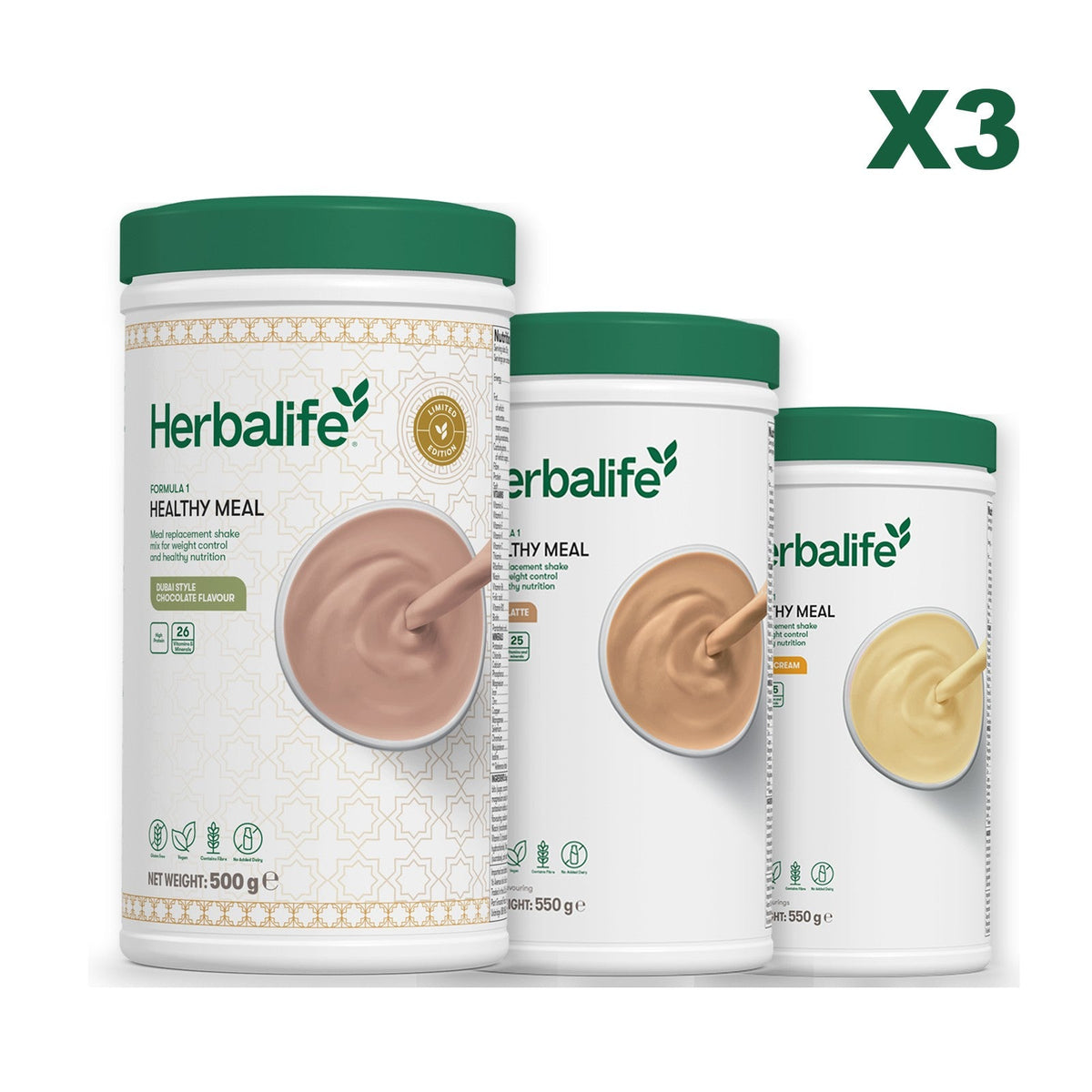 Formula 1 Dubai Style Chocolate meal shake tub shown with two further Formula 1 tubs, Cafe Latte / Banana Cream