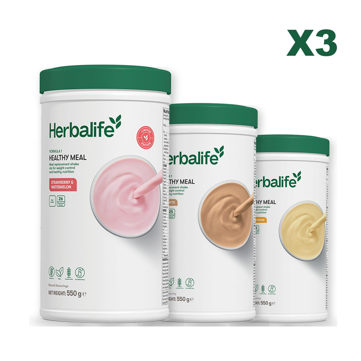 Formula 1 Strawberry Watermelon meal shake tub shown with two further Formula 1 tubs, Cafe Latte / Banana Cream