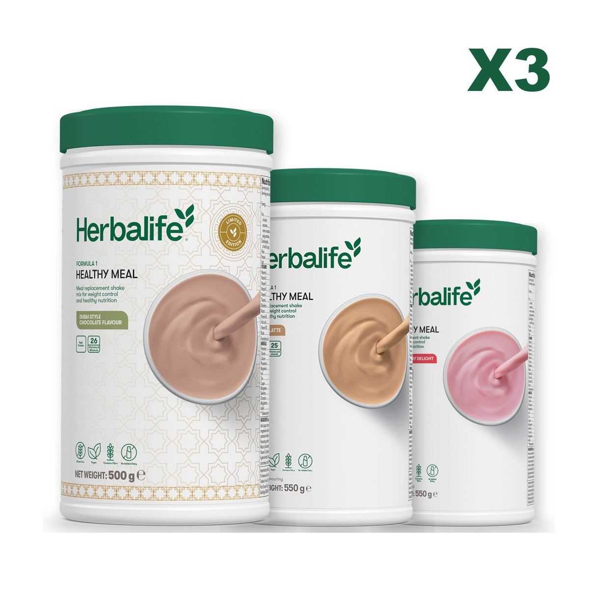 Formula 1 Dubai Style Chocolate meal shake tub shown with two further Formula 1 tubs, Cafe Latte / Strawberry