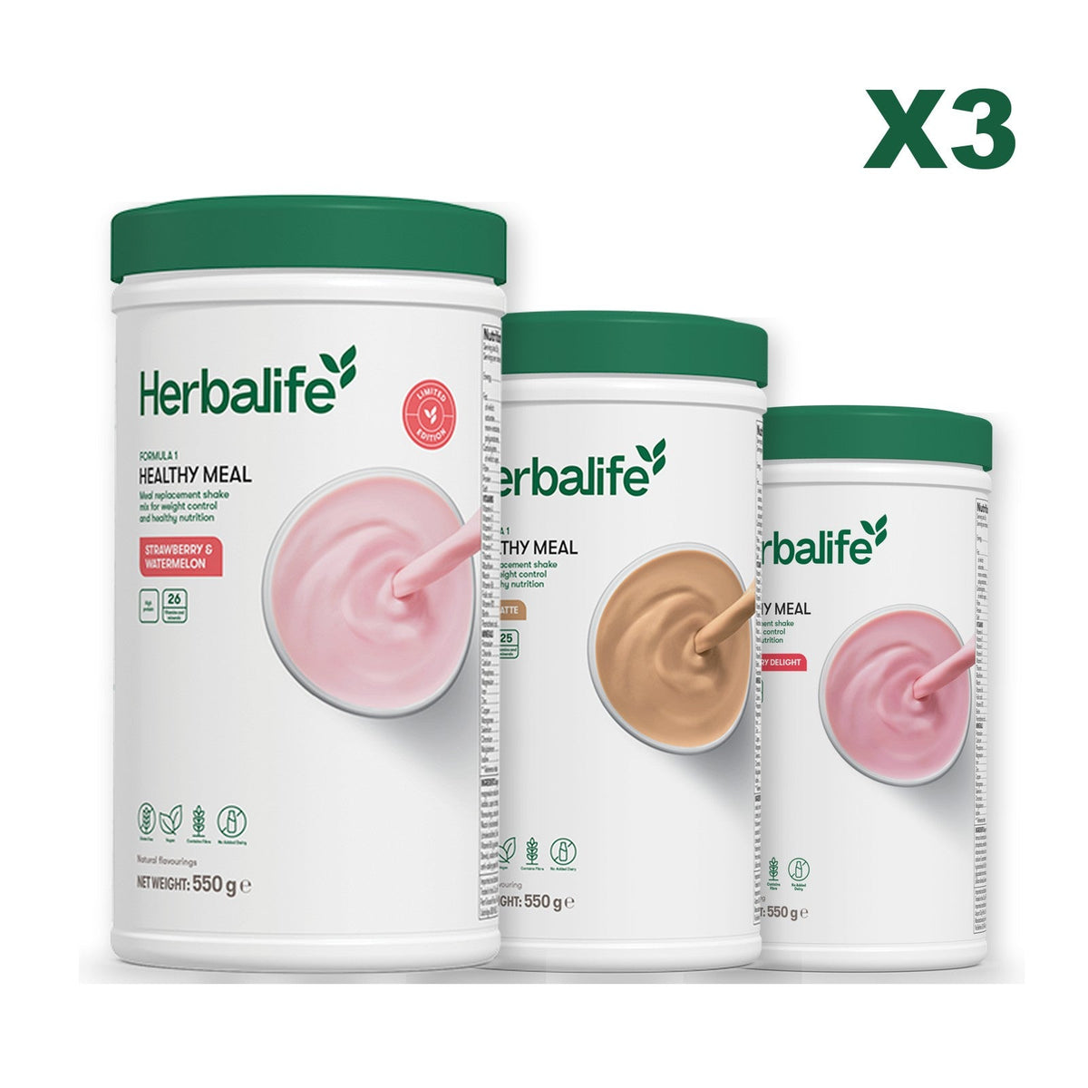 Formula 1 Strawberry Watermelon meal shake tub shown with two further Formula 1 tubs, Cafe Latte / Strawberry