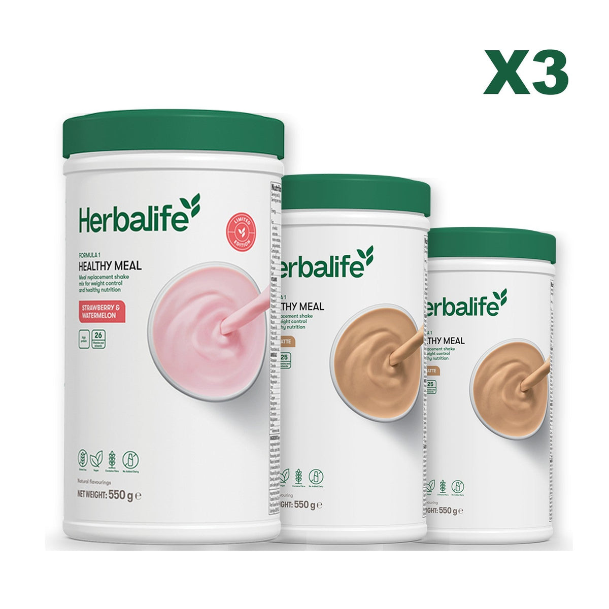 Formula 1 Strawberry Watermelon meal shake tub shown with two further Formula 1 tubs, Cafe Latte / Cafe Latte