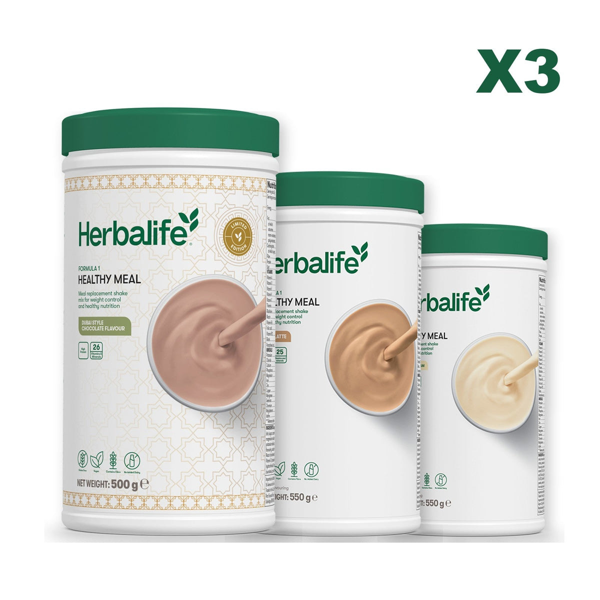 Formula 1 Dubai Style Chocolate meal shake tub shown with two further Formula 1 tubs, Cafe Latte / Vanilla