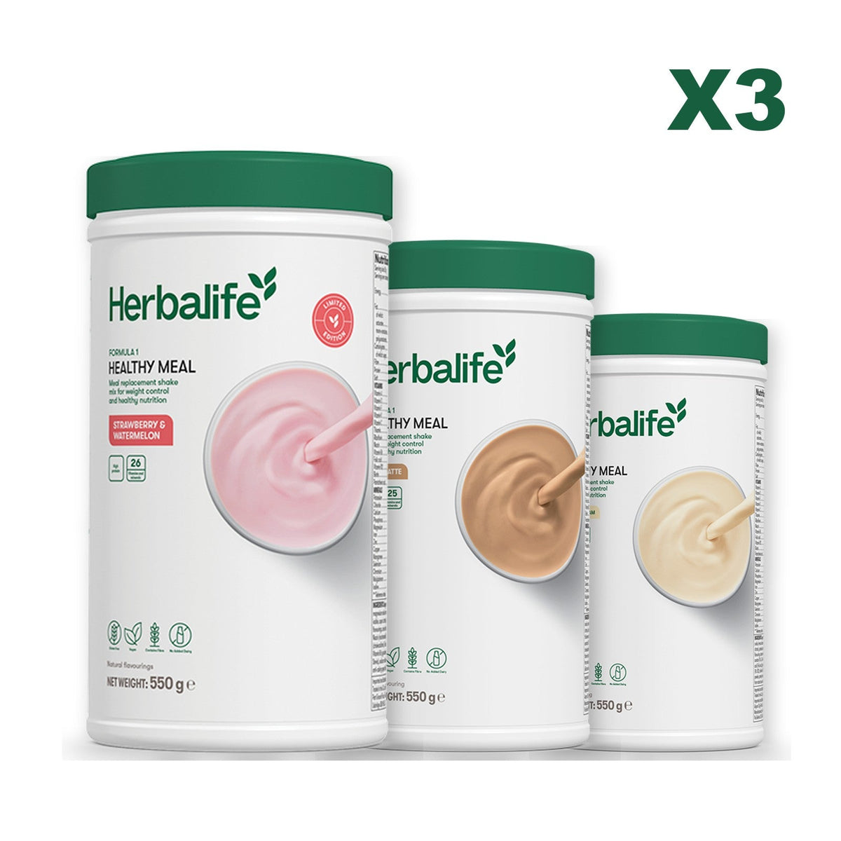 Formula 1 Strawberry Watermelon meal shake tub shown with two further Formula 1 tubs, Cafe Latte / Vanilla
