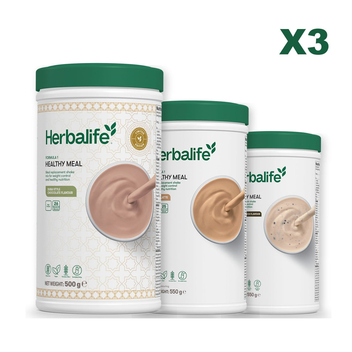 Formula 1 Dubai Style Chocolate meal shake tub shown with two further Formula 1 tubs, Cafe Latte / Cookie Crunch