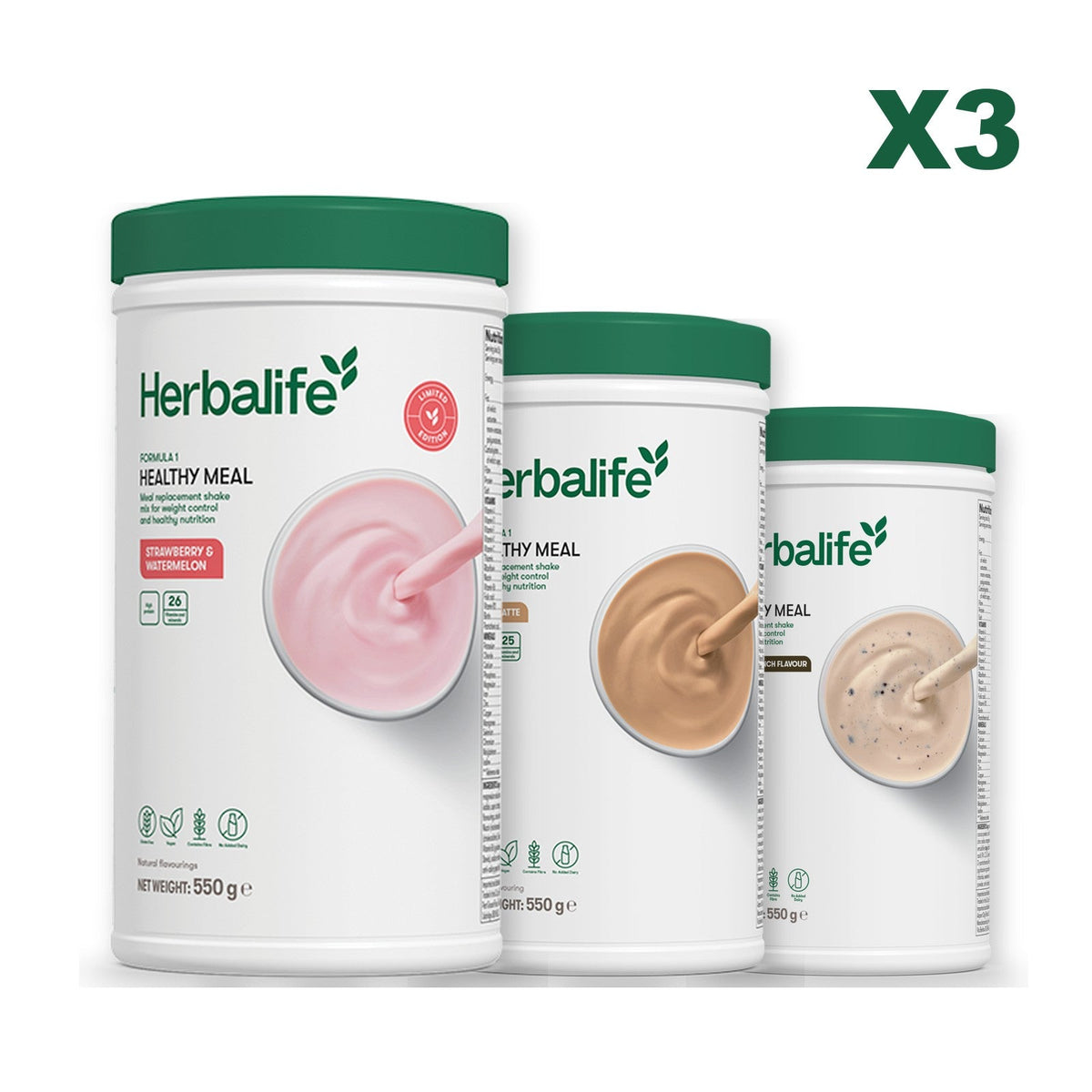 Formula 1 Strawberry Watermelon meal shake tub shown with two further Formula 1 tubs, Cafe Latte / Cookie Crunch