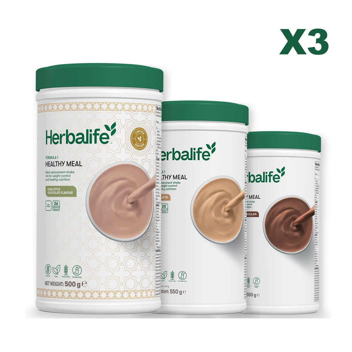 Formula 1 Dubai Style Chocolate meal shake tub shown with two further Formula 1 tubs, Cafe Latte / Chocolate