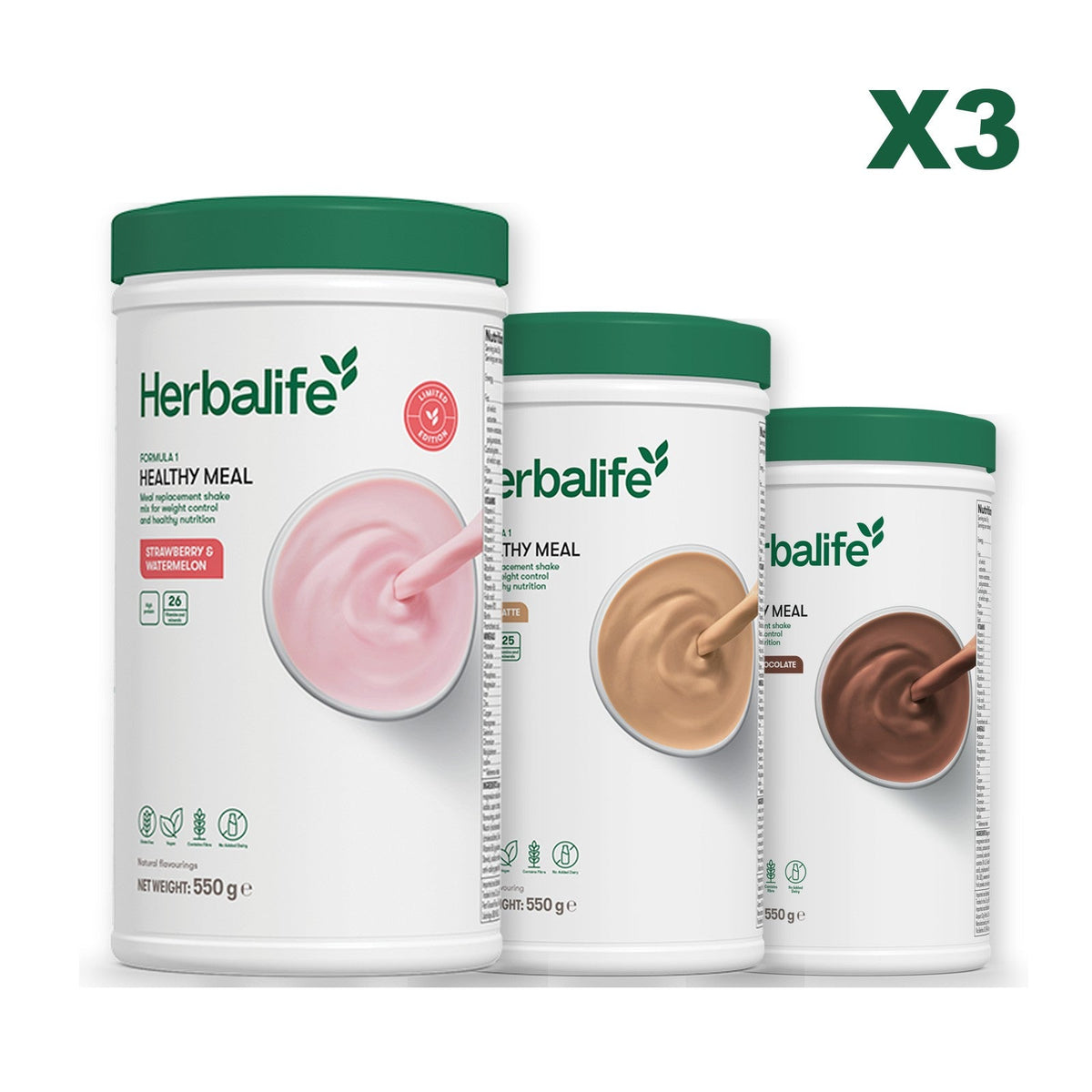 Formula 1 Strawberry Watermelon meal shake tub shown with two further Formula 1 tubs, Cafe Latte / Chocolate
