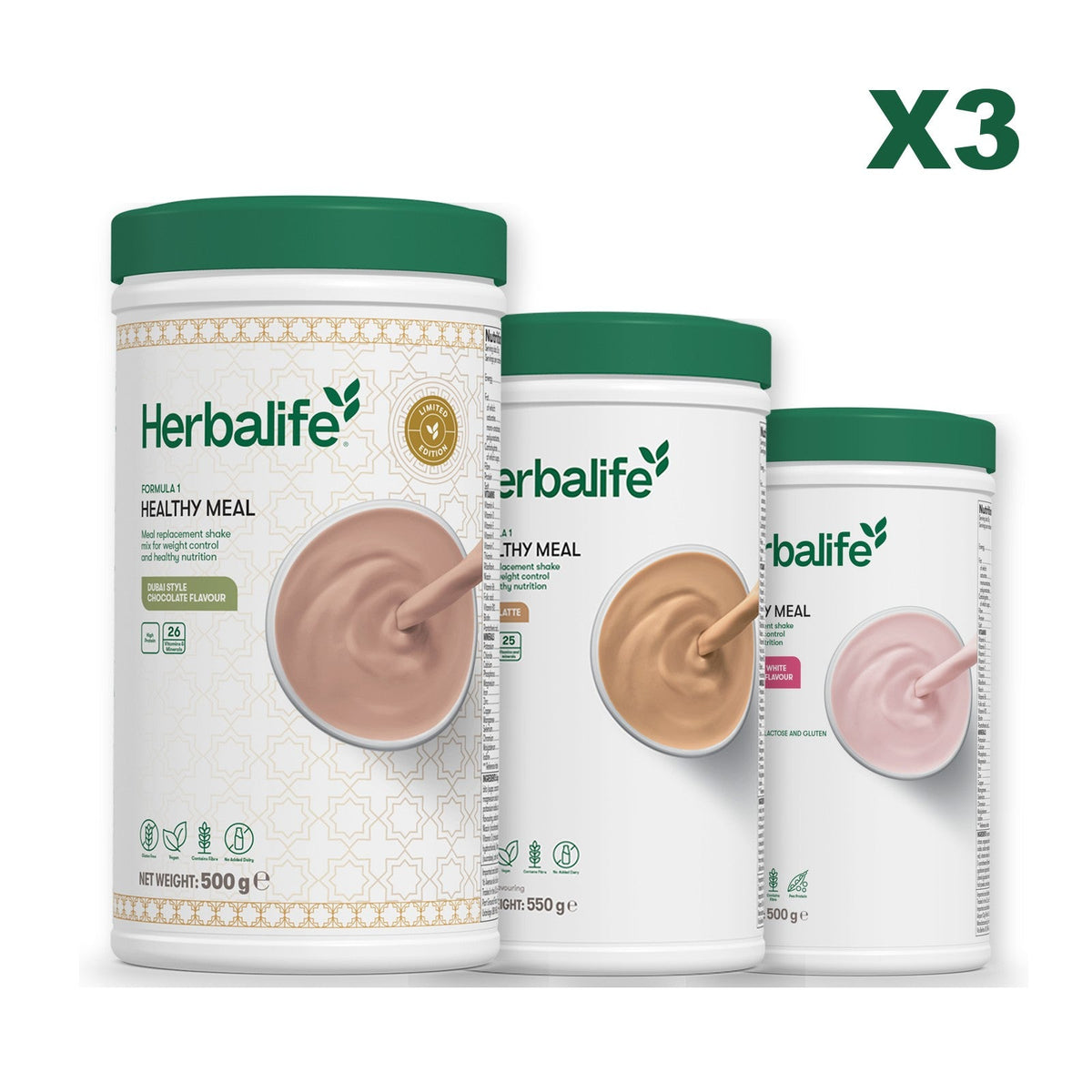 Formula 1 Dubai Style Chocolate meal shake tub shown with two further Formula 1 tubs, Cafe Latte / Free From Raspberry & White Chocolate