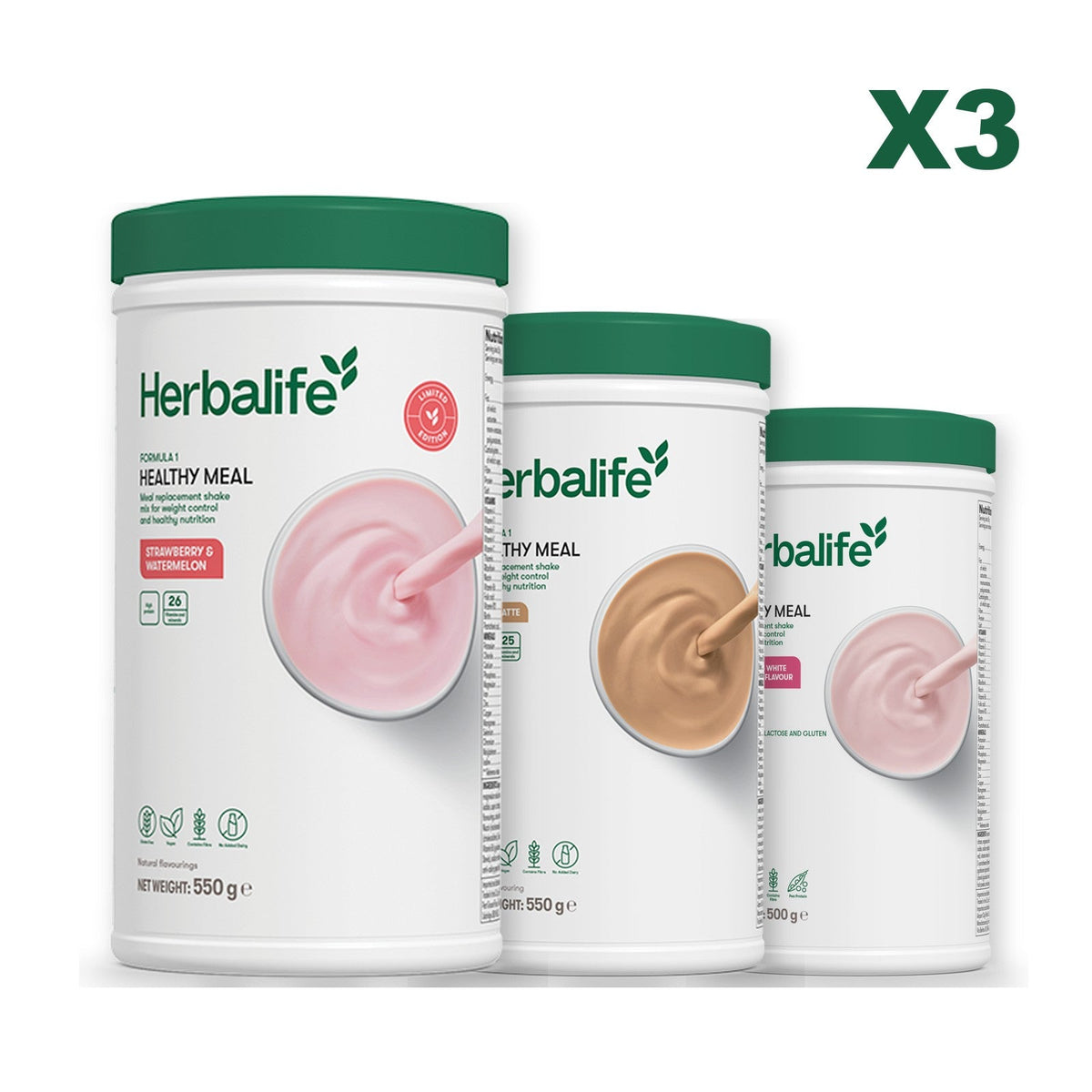 Formula 1 Strawberry Watermelon meal shake tub shown with two further Formula 1 tubs, Cafe Latte / Free From Raspberry & White Chocolate