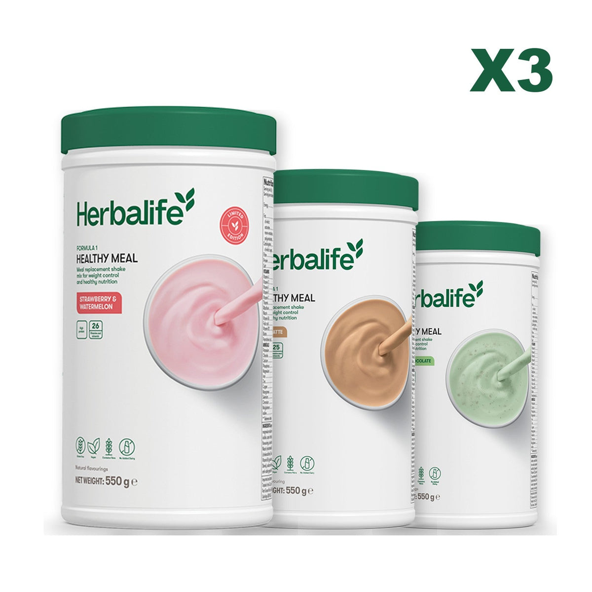 Formula 1 Strawberry Watermelon meal shake tub shown with two further Formula 1 tubs, Cafe Latte / Mint Chocolate