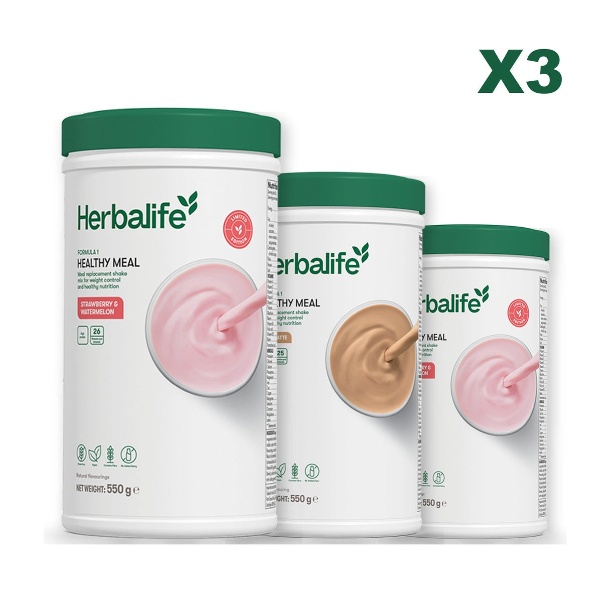 Formula 1 Strawberry Watermelon meal shake tub shown with two further Formula 1 tubs, Cafe Latte / Strawberry Watermelon