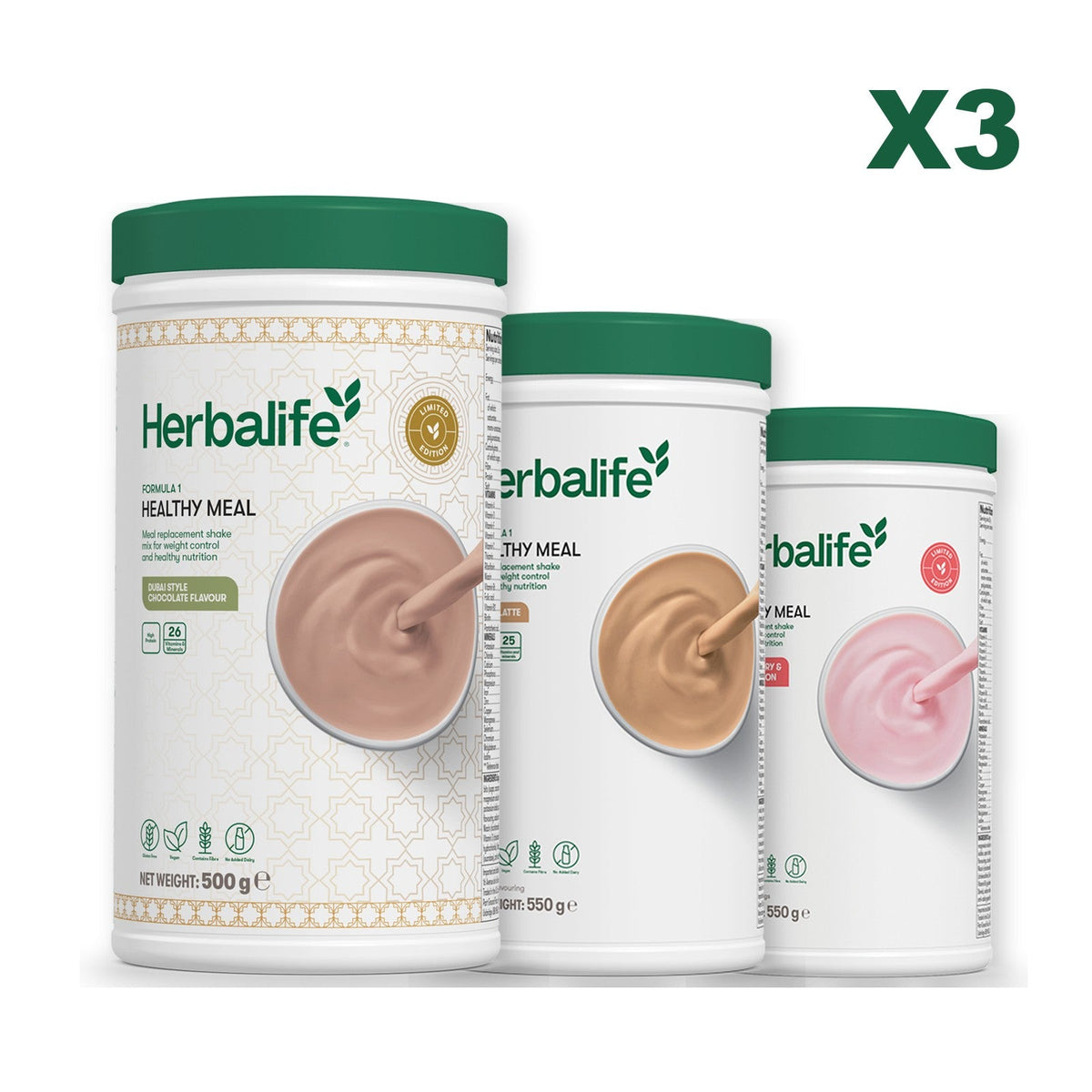Formula 1 Dubai Style Chocolate meal shake tub shown with two further Formula 1 tubs, Cafe Latte / Strawberry Watermelon
