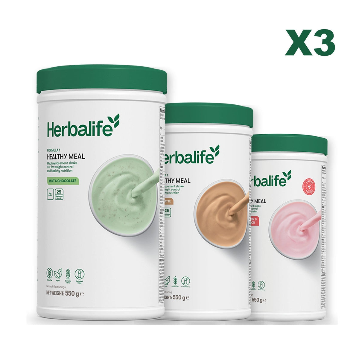 Three Formula 1 shake tubs led by Mint Chocolate, plus two flavours you choose, Cafe Latte / Strawberry Watermelon
