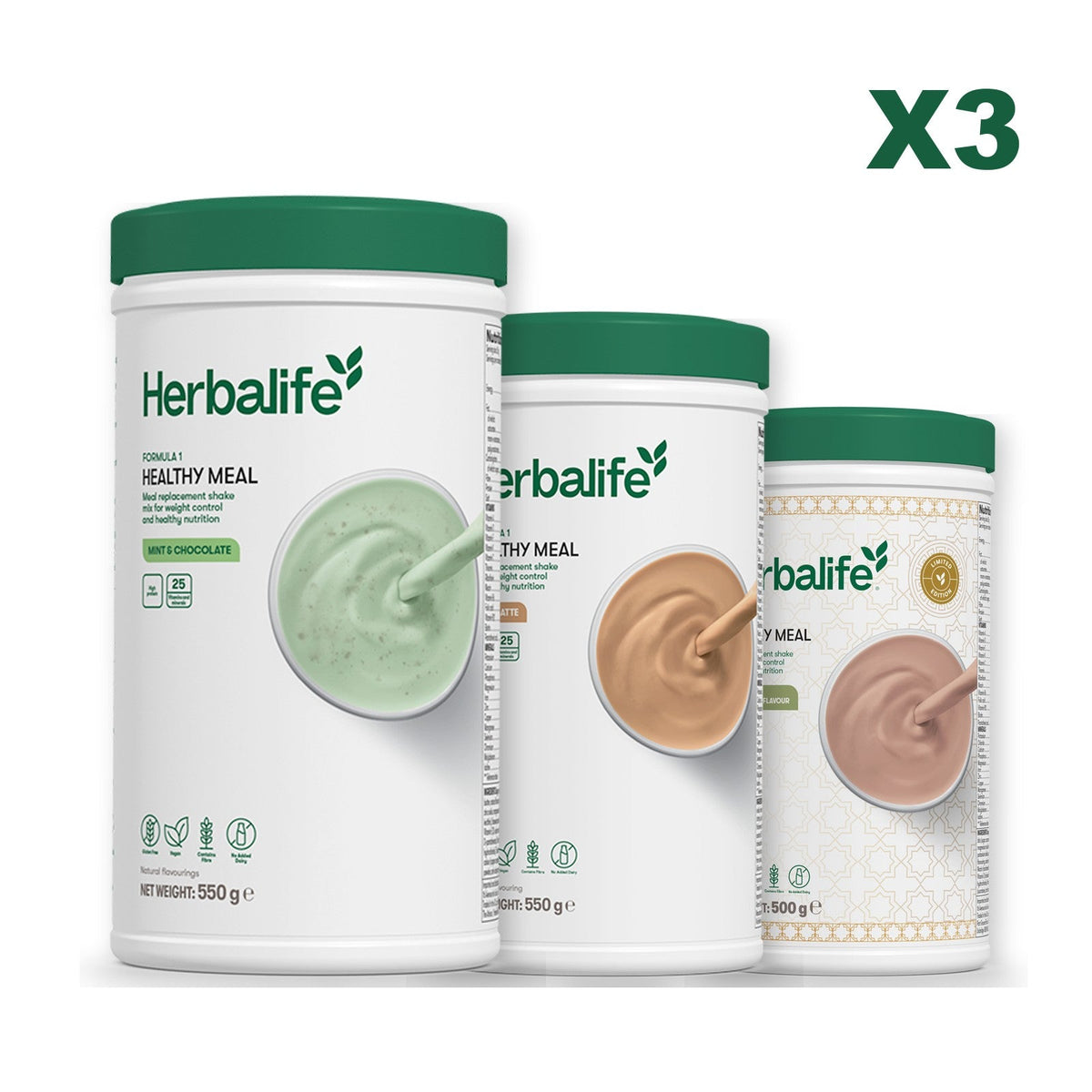 Three Formula 1 shake tubs led by Mint Chocolate, plus two flavours you choose, Cafe Latte / Dubai Style Chocolate