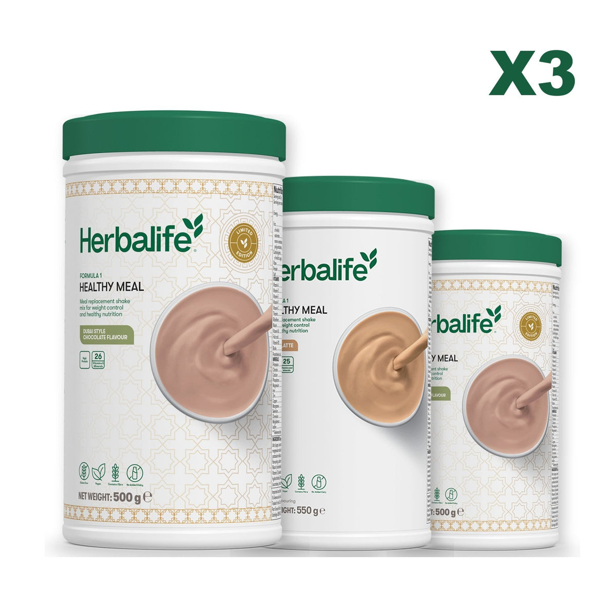 Formula 1 Dubai Style Chocolate meal shake tub shown with two further Formula 1 tubs, Cafe Latte / Dubai Style Chocolate