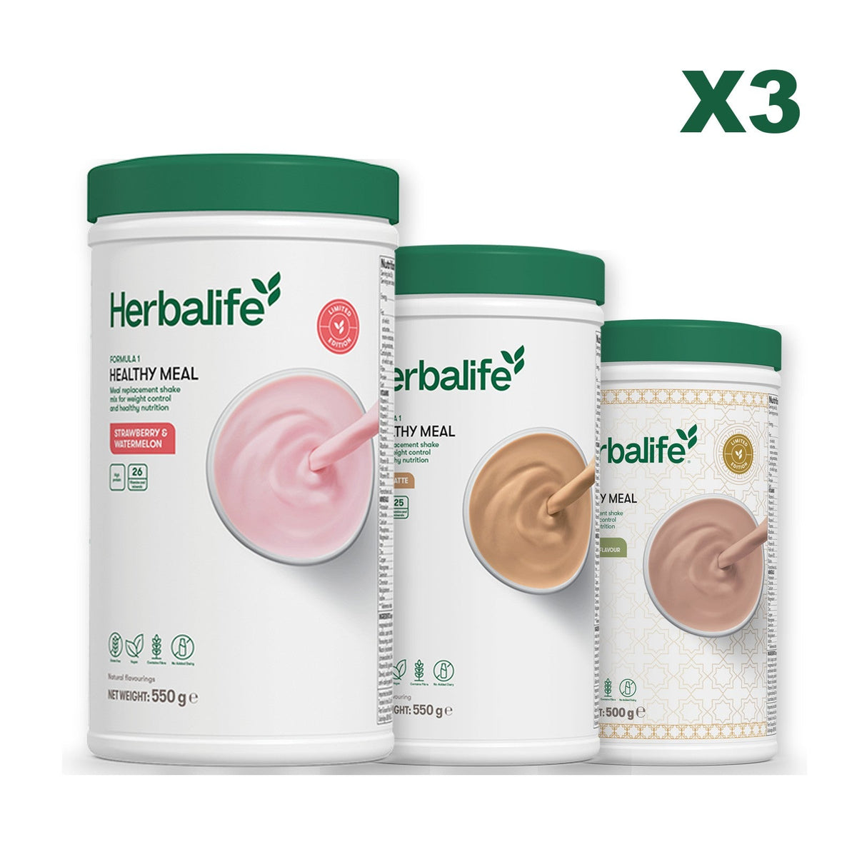 Formula 1 Strawberry Watermelon meal shake tub shown with two further Formula 1 tubs, Cafe Latte / Dubai Style Chocolate