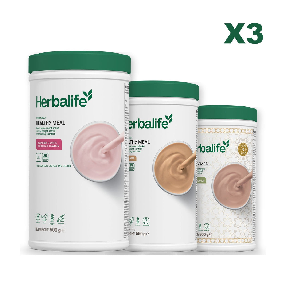 Three Formula 1 shake tubs led by Free From Raspberry and White Chocolate, plus two flavours you choose, Cafe Latte / Dubai Style Chocolate