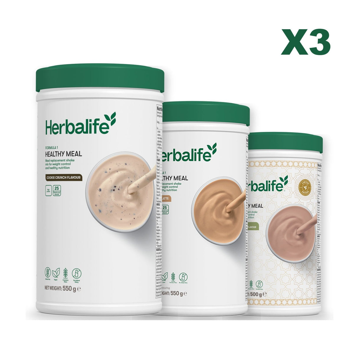 Three Formula 1 shake tubs led by Cookie Crunch, plus two flavours you choose, Cafe Latte / Dubai Style Chocolate
