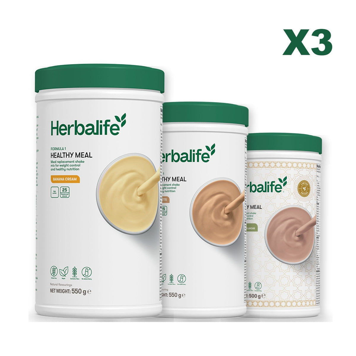 Three Formula 1 shake tubs led by Banana Cream, plus two flavours you choose, Cafe Latte / Dubai Style Chocolate