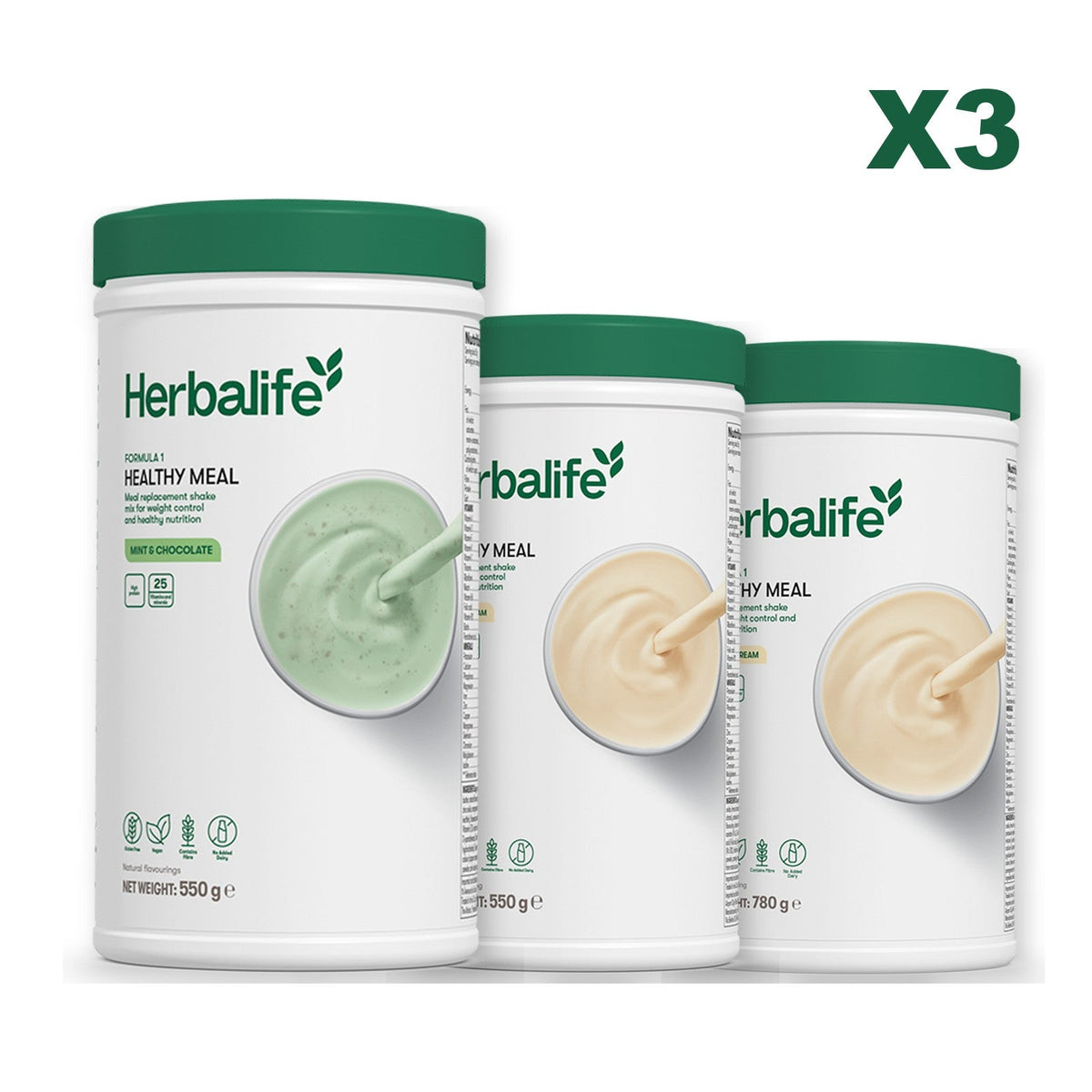 Three Formula 1 shake tubs led by Mint Chocolate, plus two flavours you choose, Vanilla / Vanilla (Large 780g)
