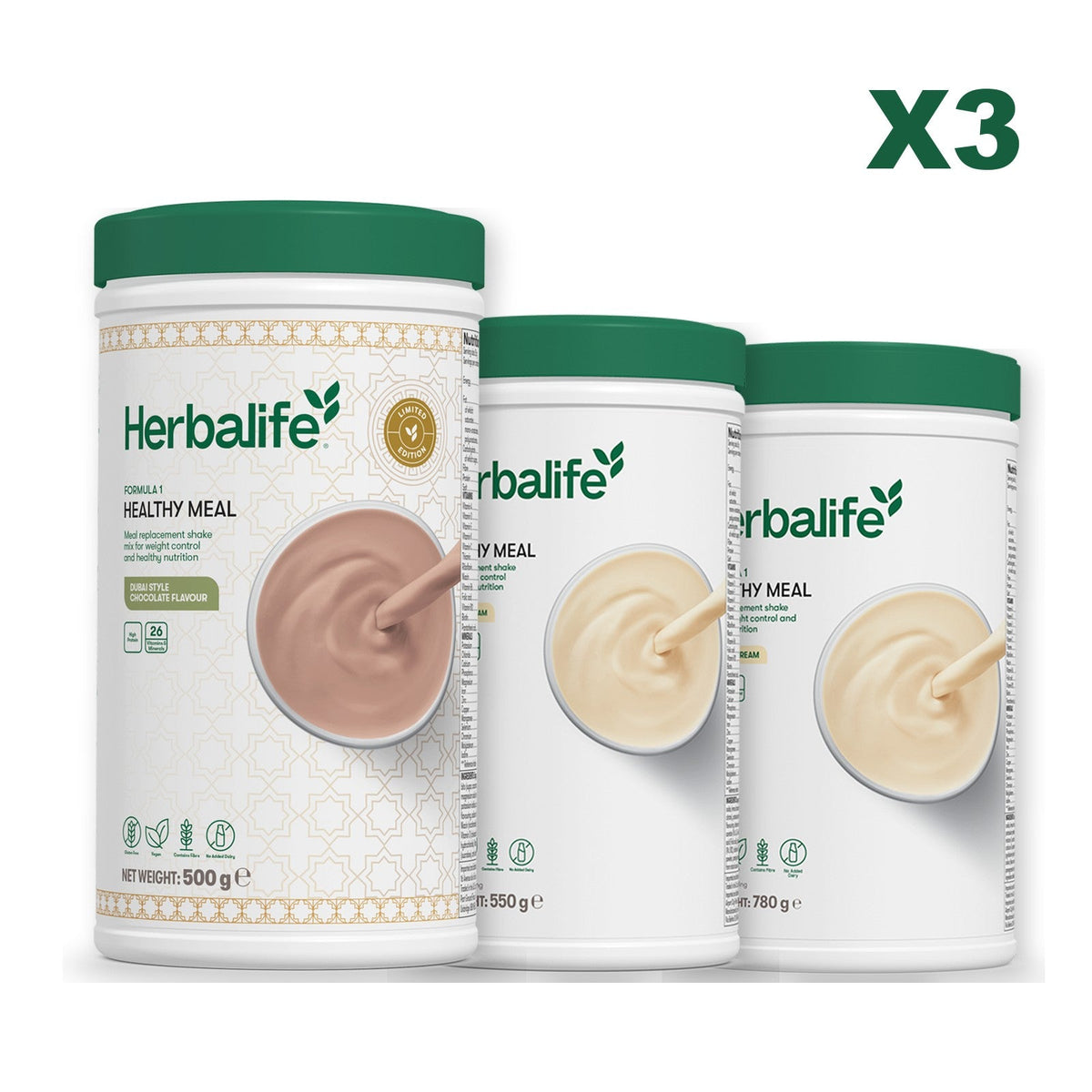 Formula 1 Dubai Style Chocolate meal shake tub shown with two further Formula 1 tubs, Vanilla / Vanilla (Large 780g)