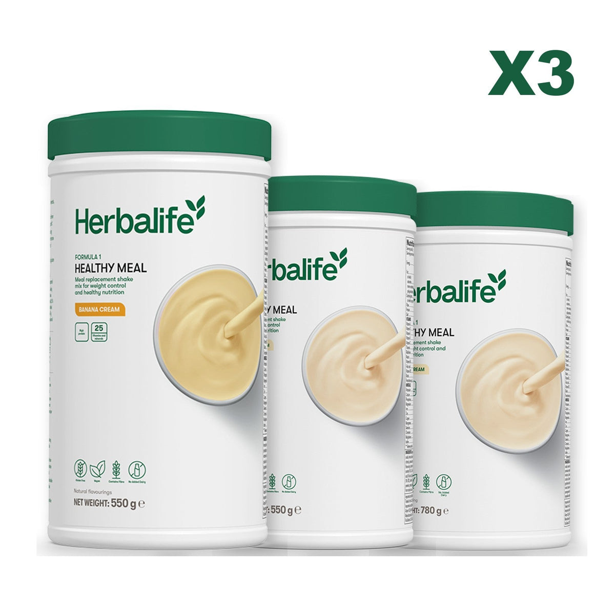 Three Formula 1 shake tubs led by Banana Cream, plus two flavours you choose, Vanilla / Vanilla (Large 780g)