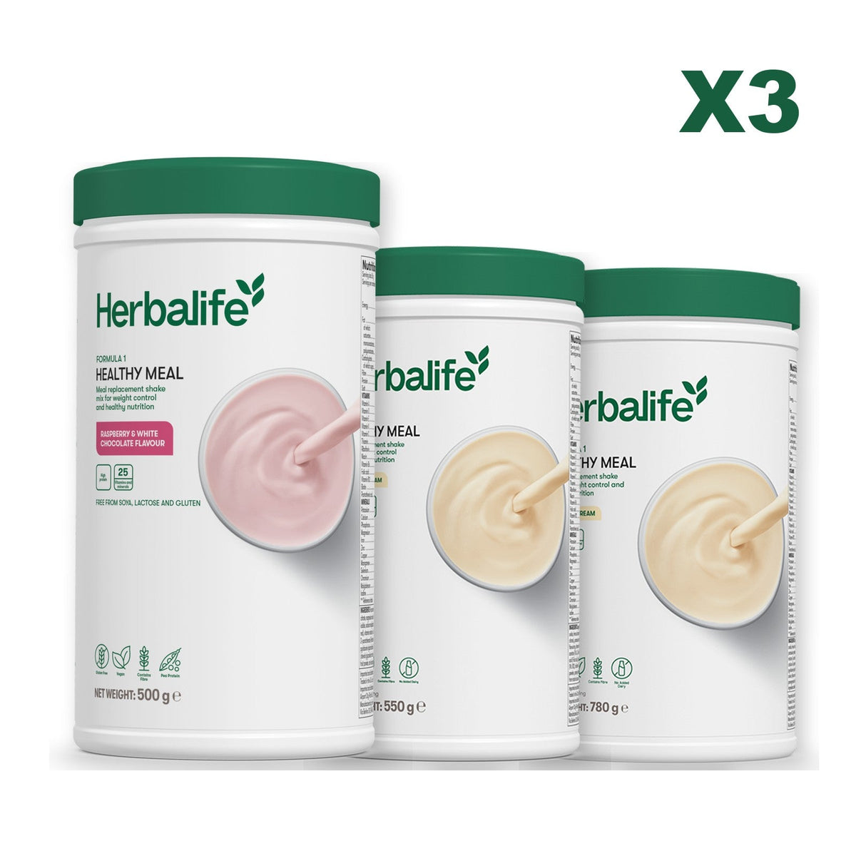 Three Formula 1 shake tubs led by Free From Raspberry and White Chocolate, plus two flavours you choose, Vanilla / Vanilla (Large 780g)
